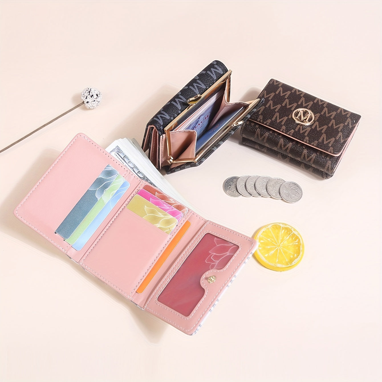 Elegant Mini Trifold Wallet - Stylish Letter Print, Snap Closure, Multiple Card Slots for Women (Available in Pink, White, Black, Dark Brown)