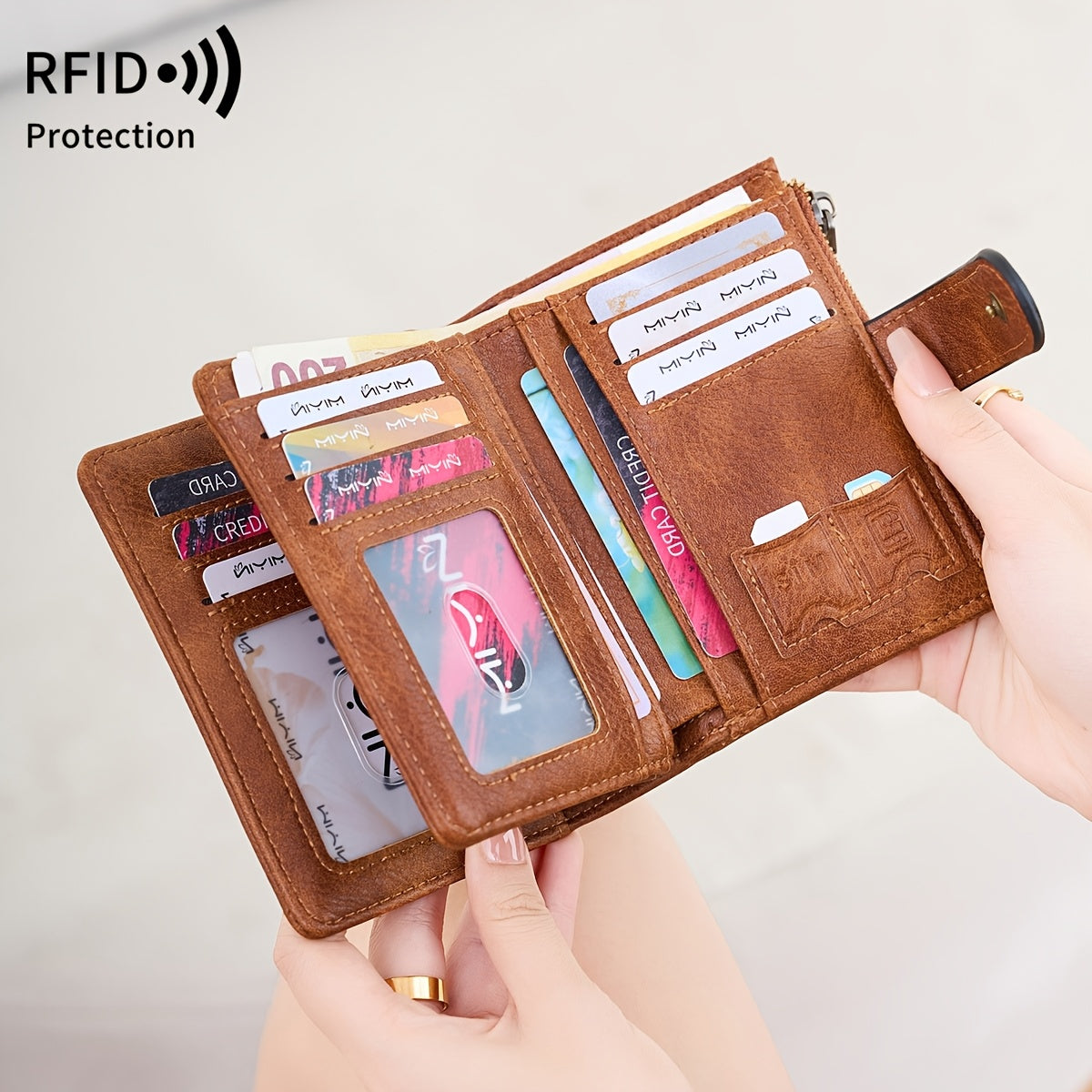 RFID Anti-Theft Wallet Multi-Carat RFID Anti-Theft Wallet - Retro Short Wallet, Solid Color Bifold Coin Purse, Women's Credit Card Holder