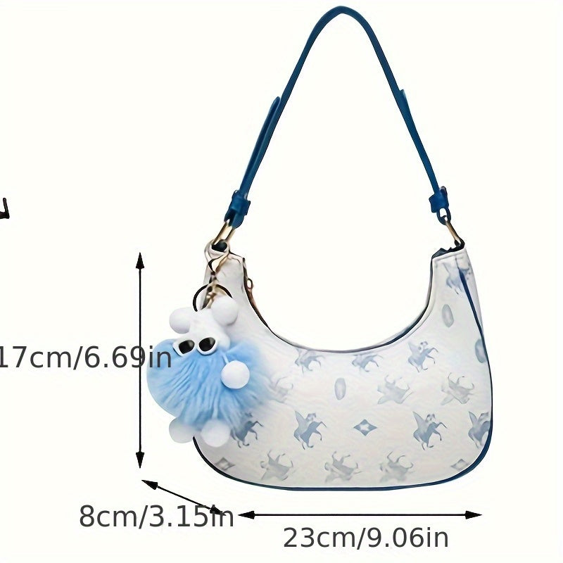 Chic Sky Blue Animal Print Crossbody Bag for Women - Lightweight Synthetic Leather Baguette with Adjustable Strap, Crescent Moon Design, and Fluffy Pom-Pom Charm, Adjustable Shoulder Bag | Crescent Moon Bag | Decorative Pompom Charm, Small Crossbody Bag