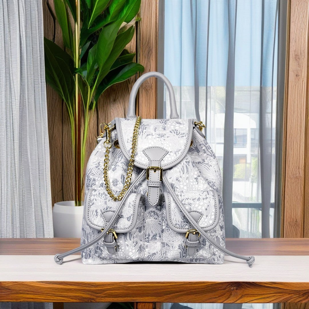 Women's Elegant Floral Print Crossbody Backpack - Convertible Shoulder Bag with Golden-Tone Hardware, Detachable Chain Strap & Wrist Strap, Secure Clasp Closure, Durable Second-Layer for Daily Use & Special Occasions