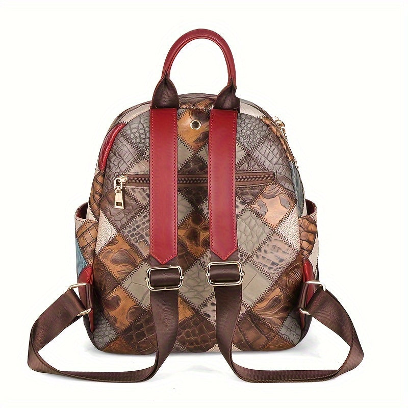 Cobbler Legend Women's Vintage Checkered Backpack - Top-Grain Genuine Leather Travel Bag with Adjustable Straps, Zipper Closure & Polyester Lining, Multi-Color Design for Casual & Holiday Use, Retro Aesthetic, Oiledged Finish