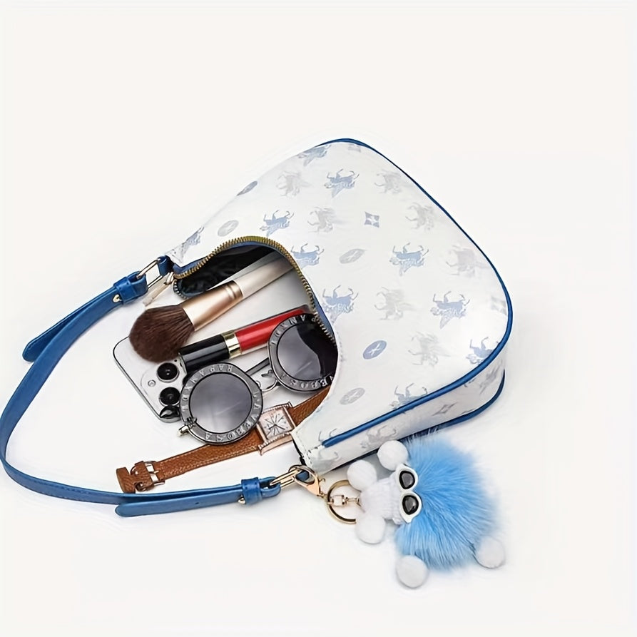 Chic Sky Blue Animal Print Crossbody Bag for Women - Lightweight Synthetic Leather Baguette with Adjustable Strap, Crescent Moon Design, and Fluffy Pom-Pom Charm, Adjustable Shoulder Bag | Crescent Moon Bag | Decorative Pompom Charm, Small Crossbody Bag