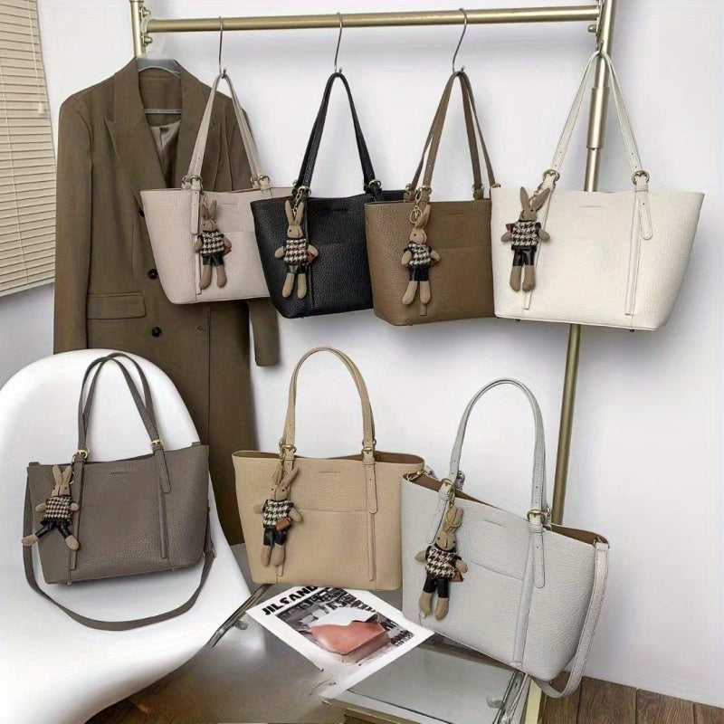 Gentle Beige Tote Bag, with a Playful Bear Charm, Demonstrating a Sweet Style