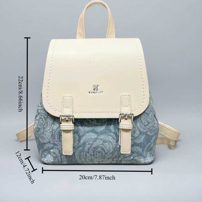 PINKFIRE Women'S Large Capacity Backpack - Stylish Blue Floral Pattern, Adjustable Shoulder Straps, Buckle Closure, High-Quality Split Leather Material, Perfect for Travel & Everyday Use, Backpack for Travel