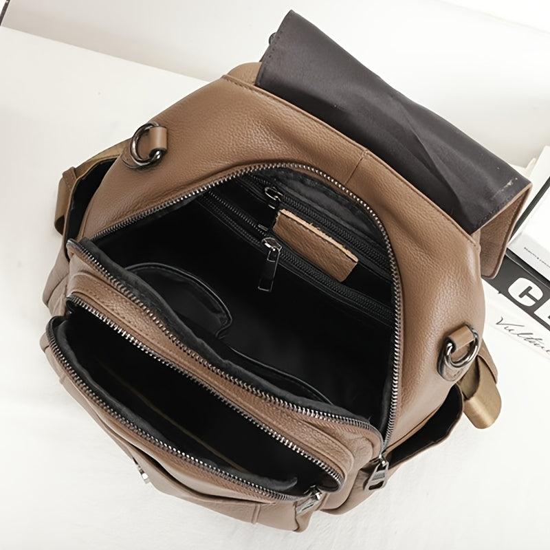 Vintage Style Genuine Leather Backpack for Women, Solid Color Shoulder and Crossbody Bag with Adjustable Strap, Casual Fashion Handbag with Magnetic Closure and Fabric Lining, Cute Backpack