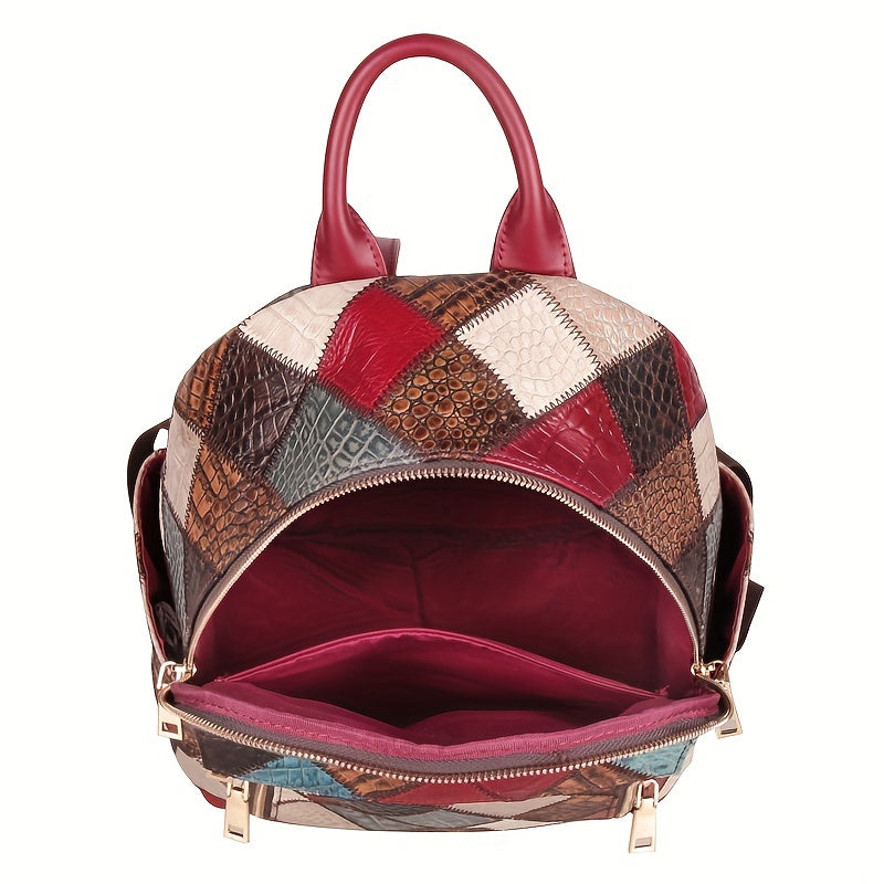 Cobbler Legend Women's Vintage Checkered Backpack - Top-Grain Genuine Leather Travel Bag with Adjustable Straps, Zipper Closure & Polyester Lining, Multi-Color Design for Casual & Holiday Use, Retro Aesthetic, Oiledged Finish