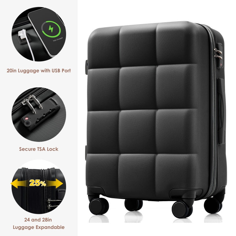 Luggage Sets 4pcs 20inch with USB Port Expandable ABS Durable Suitcase with Travel Bag Cup Holder ABS Hard Shell Luggage with Spinner Wheels black and brown