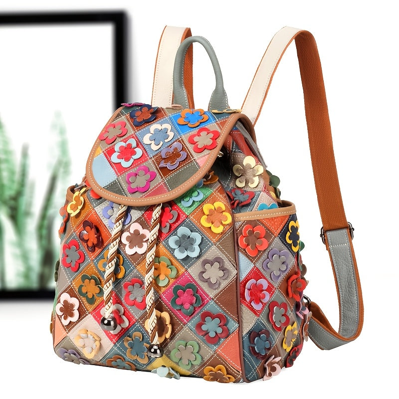 Vintage Floral Genuine Leather Backpack for Women, Colorful Patchwork Design with Bead Embellishments, Adjustable Shoulder Straps, Drawstring Closure, Polyester Lined, Large Capacity Fashion Daypack, Backpack Purse