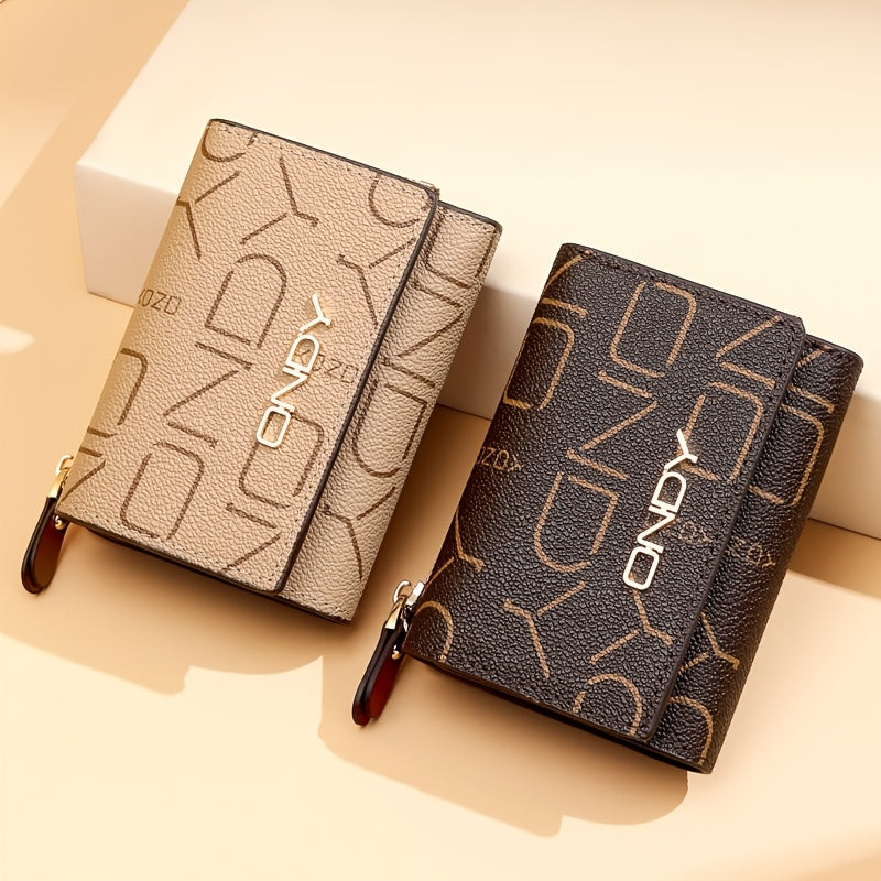 ONDY Classic Letter Print Compact Wallet - Slim & Portable, Multi-Functional Card Holder with Golden Accents, Snap Closure, in Coffee\u002FCaramel - Durable PVC, Easy-Clean
