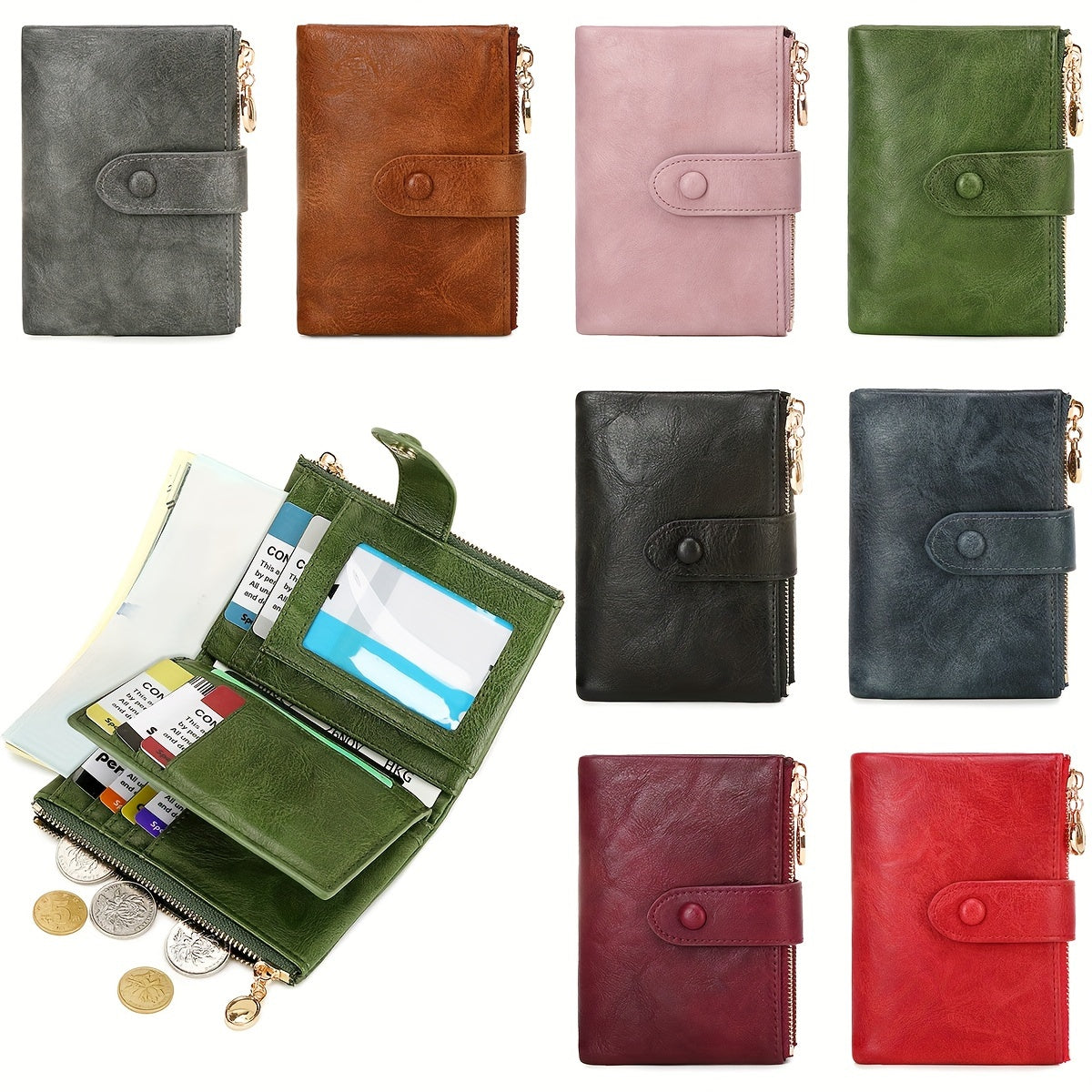 Three-Fold Retro Wallet with RFID Blocking, Multiple Card Slots, Button and Magnetic Snap Closures