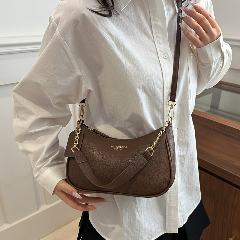Fashionable And Minimalist Women'S Crescent Shoulder Bag with a Golden-Chain Handle - Featuring a Removable Comfortable Strap, Zipper Closure, Polyester Lining, Perfect for Casual And Everyday Use, Available in Black, White, Brown, And Red