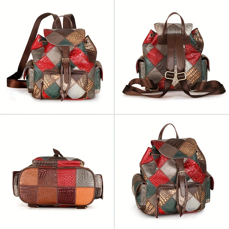 Vintage Patchwork Women'S Backpack - Genuine Leather, Adjustable Straps, Drawstring Closure, Tribal Style, with Polyester Lining And Applique Embellishment for Travel, School, Or Daily Use, Travel Backpack