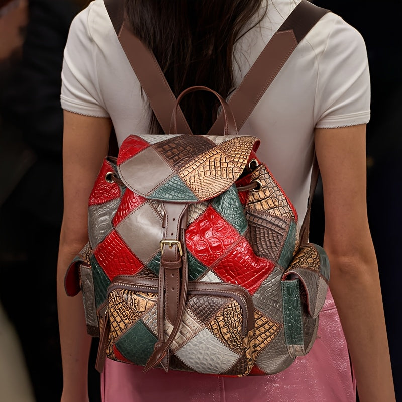 Vintage Patchwork Women'S Backpack - Genuine Leather, Adjustable Straps, Drawstring Closure, Tribal Style, with Polyester Lining And Applique Embellishment for Travel, School, Or Daily Use, Travel Backpack