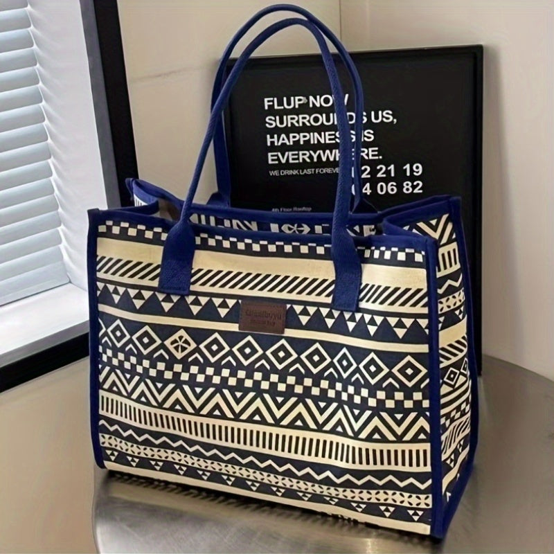 Vintage Ethnic Style Large Capacity Canvas Tote Bag - Fashionable Minimalist Shoulder & Handbag for Work, Commuting, and Everyday Use, Canvas Material, Geometric Pattern, Shoulder Ba