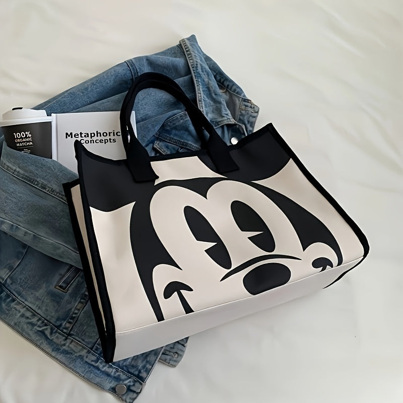 Large Capacity Canvas Tote Bag for Women - Vintage Mickey Mouse Design, Black & White Animal Print, Zipper Closure, Shoulder Commuter Handba