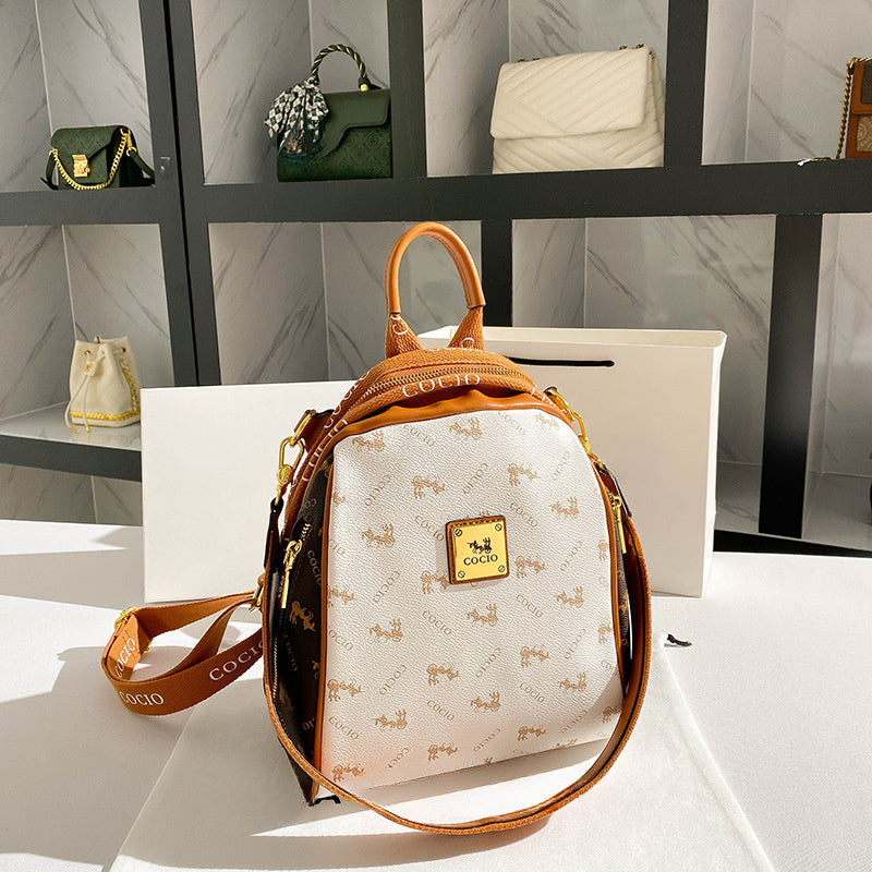 Elegant Floral Print Women'S Backpack - Large Capacity Beige & Brown Split Leather Travel Backpack with Adjustable Straps, Zip Closure, and Polyester Lining for Commuting, Casual, and Travel Use, Backpack for Schoo