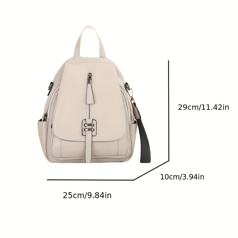 Vintage Style Genuine Leather Backpack for Women, Solid Color Shoulder and Crossbody Bag with Adjustable Strap, Casual Fashion Handbag with Magnetic Closure and Fabric Lining, Cute Backpack