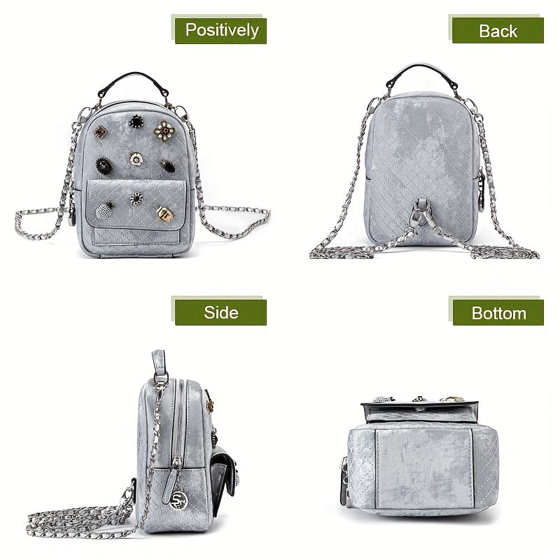 Genuine Leather Women'S Backpack - Soft, Versatile Streetwear Bag with Zipper Closure, Polyester Lining, and Decorative Studs, White or Light Gray, Perfect for Casual Outings, Casual Outing Backpack | Trendy Backpack | Genuine Leather Bag