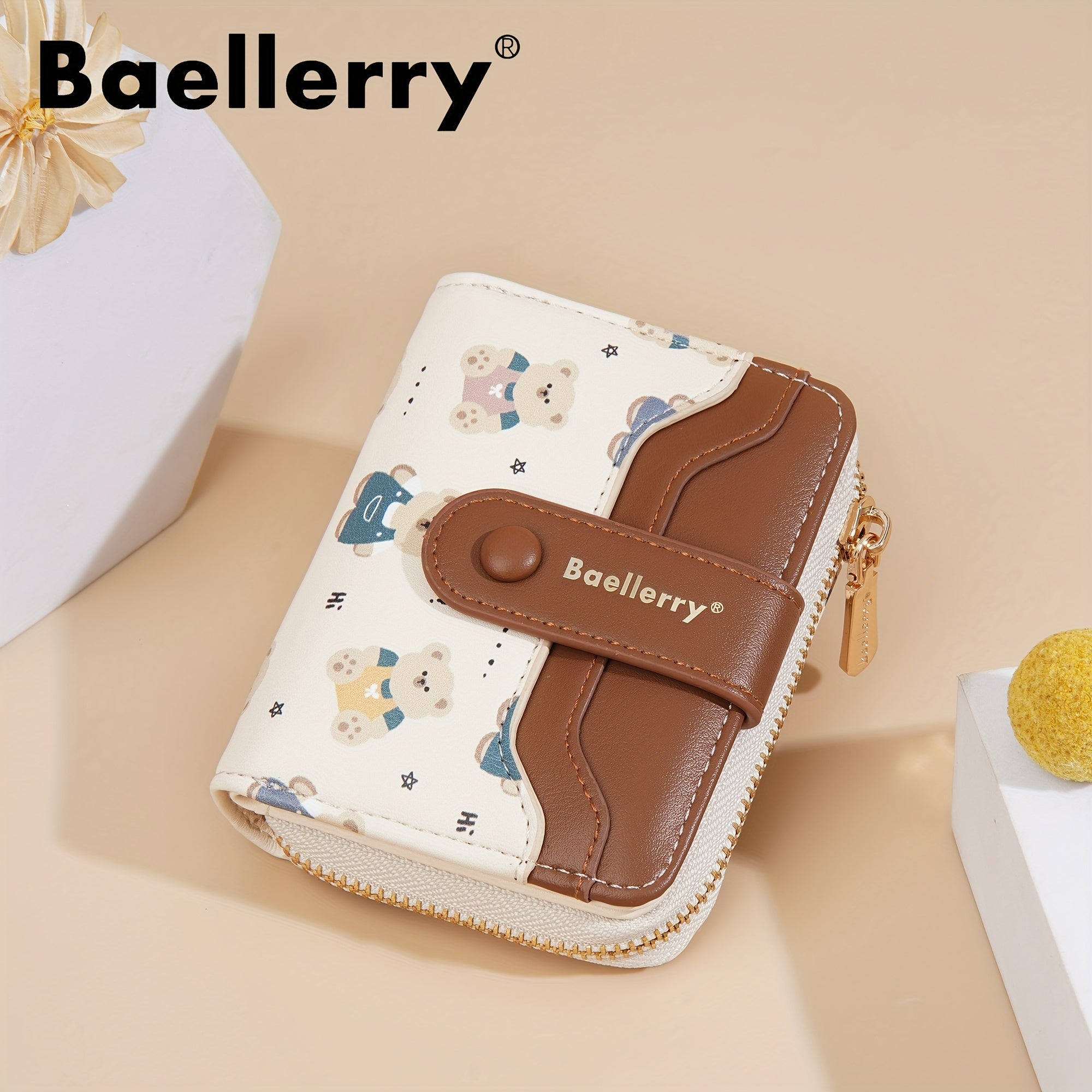baellerry 1pc Mini Women's Wallet Short Style Bear Cartoon Print Button Credit Card Card Bag Zipper Coin Purse