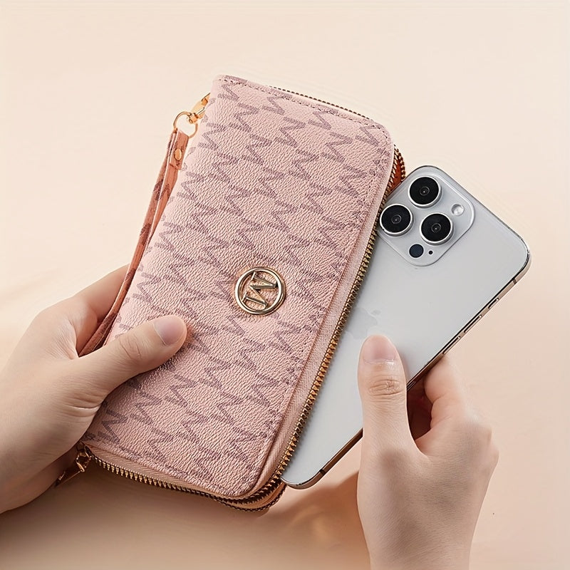 Vintage Wallet Vintage Women's Wallet | Tri-Fold Zipper Closure with Woven Pattern & Golden-Tone 'M' Logo, Includes Wrist Strap & Multiple Card Slots for Everyday Use, Versatile Cardholder - Textured Accessory, Cute Wallet