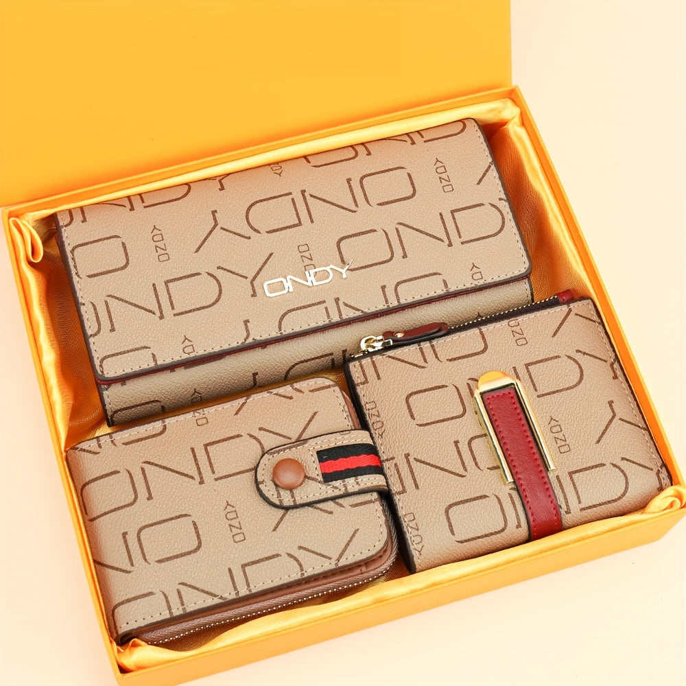 3pcs Women's wallet gift box set, fashionable letter printed long wallet+foldable small wallet+multi slot credit card storage card pack three piece set, the most suitable holiday gift set for girlfriends and mothers