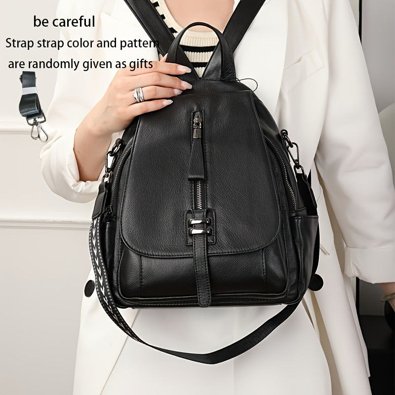 Vintage Style Genuine Leather Backpack for Women, Solid Color Shoulder and Crossbody Bag with Adjustable Strap, Casual Fashion Handbag with Magnetic Closure and Fabric Lining, Cute Backpack