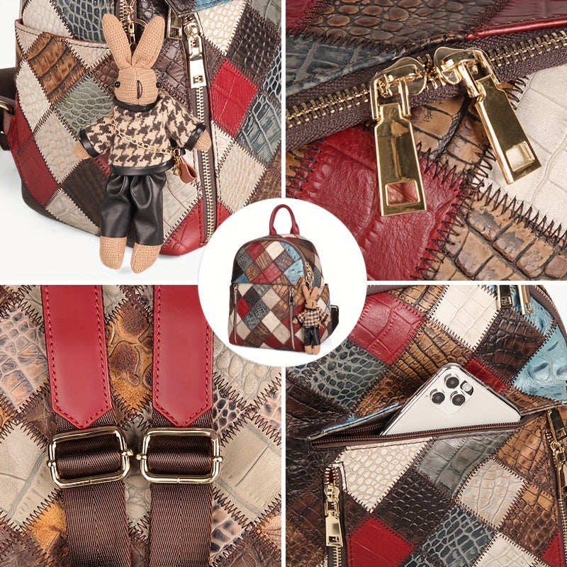 Cobbler Legend Women's Vintage Checkered Backpack - Top-Grain Genuine Leather Travel Bag with Adjustable Straps, Zipper Closure & Polyester Lining, Multi-Color Design for Casual & Holiday Use, Retro Aesthetic, Oiledged Finish