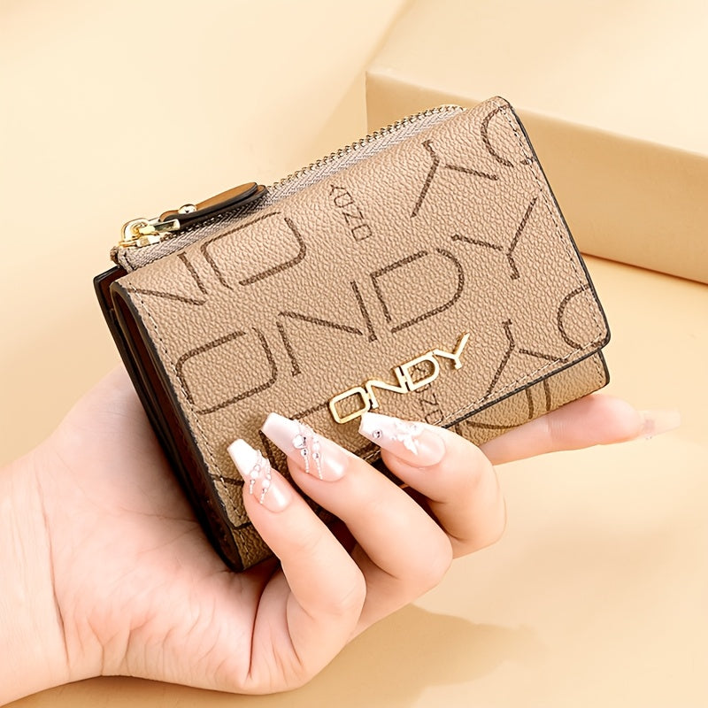 ONDY Classic Letter Print Compact Wallet - Slim & Portable, Multi-Functional Card Holder with Golden Accents, Snap Closure, in Coffee\u002FCaramel - Durable PVC, Easy-Clean