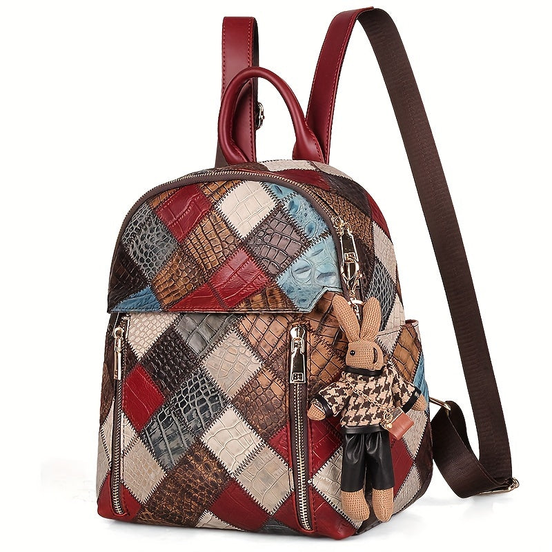 Cobbler Legend Women's Vintage Checkered Backpack - Top-Grain Genuine Leather Travel Bag with Adjustable Straps, Zipper Closure & Polyester Lining, Multi-Color Design for Casual & Holiday Use, Retro Aesthetic, Oiledged Finish