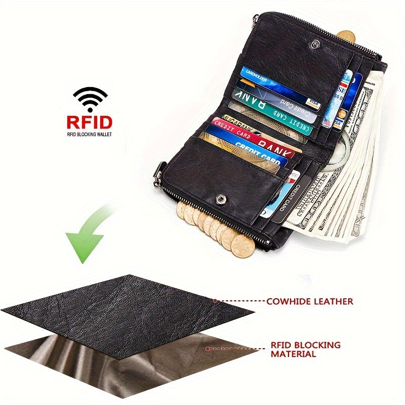 Large Capacity HUMERPAUL Women's Genuine Leather Bifold Wallet with Zipper Pocket, Snap Closure, Polyester Lined, Dry Clean, No Printing, Edge Painted, Casual Style Clutch