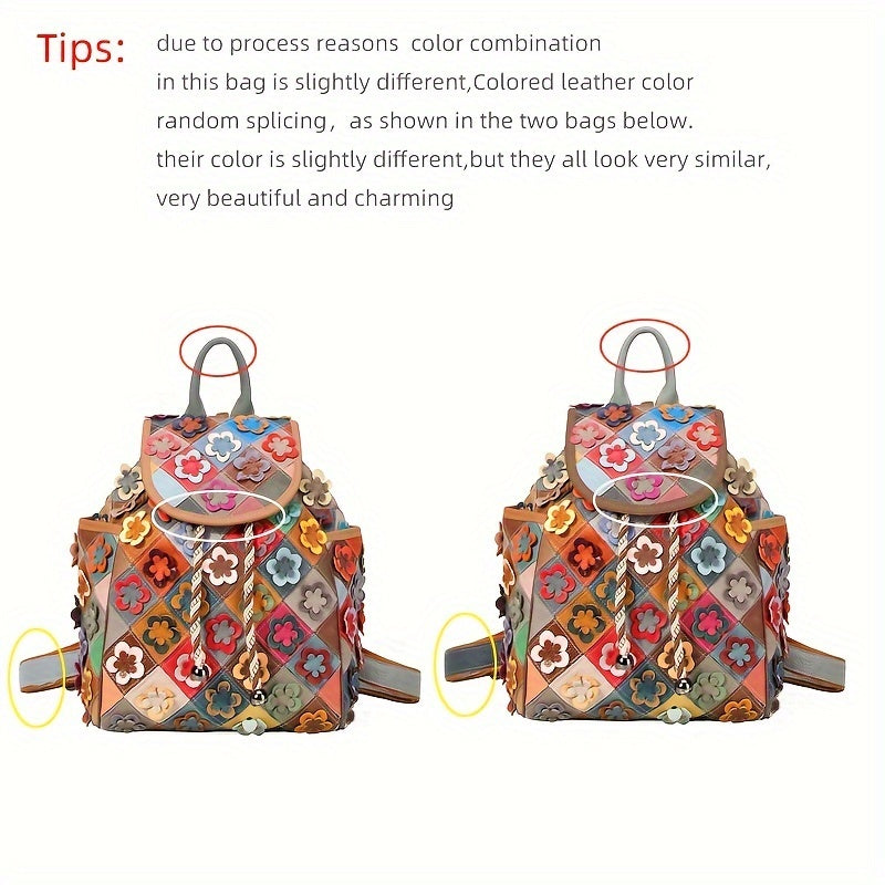 Vintage Floral Genuine Leather Backpack for Women, Colorful Patchwork Design with Bead Embellishments, Adjustable Shoulder Straps, Drawstring Closure, Polyester Lined, Large Capacity Fashion Daypack, Backpack Purse