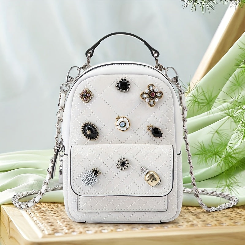 Genuine Leather Women'S Backpack - Soft, Versatile Streetwear Bag with Zipper Closure, Polyester Lining, and Decorative Studs, White or Light Gray, Perfect for Casual Outings, Casual Outing Backpack | Trendy Backpack | Genuine Leather Bag