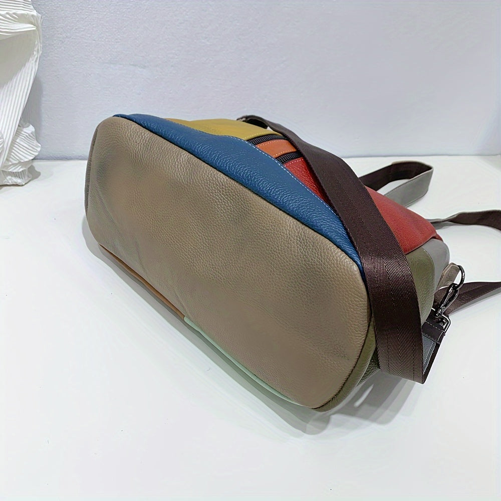 Elegant Vintage Genuine Leather Backpack for Women - Luxury Color Block Design with Detachable Shoulder Straps, Zipper Closure & Polyester Lining, Sophisticated Daypack for Casual, Work, Travel, Backpack for Travel, Adjustable Strap Feature