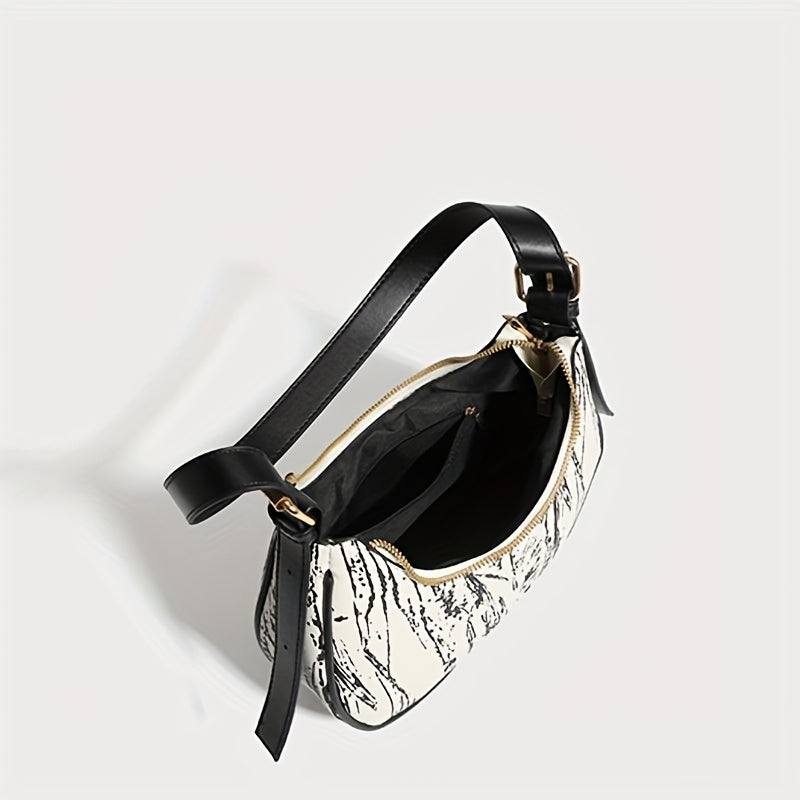 French Wing Tote Bag - Elegant Crescent Moon Shoulder Bag with Cloud Pattern, Premium, Zipper Closure & Polyester Lining, Versatile for Casual & Formal Outfits, White