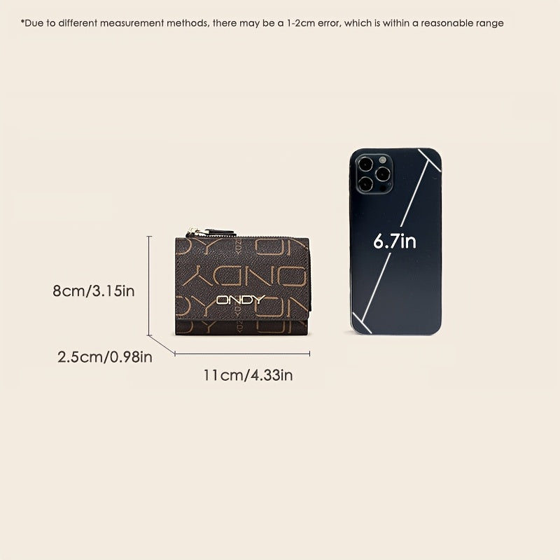 ONDY Classic Letter Print Compact Wallet - Slim & Portable, Multi-Functional Card Holder with Golden Accents, Snap Closure, in Coffee\u002FCaramel - Durable PVC, Easy-Clean