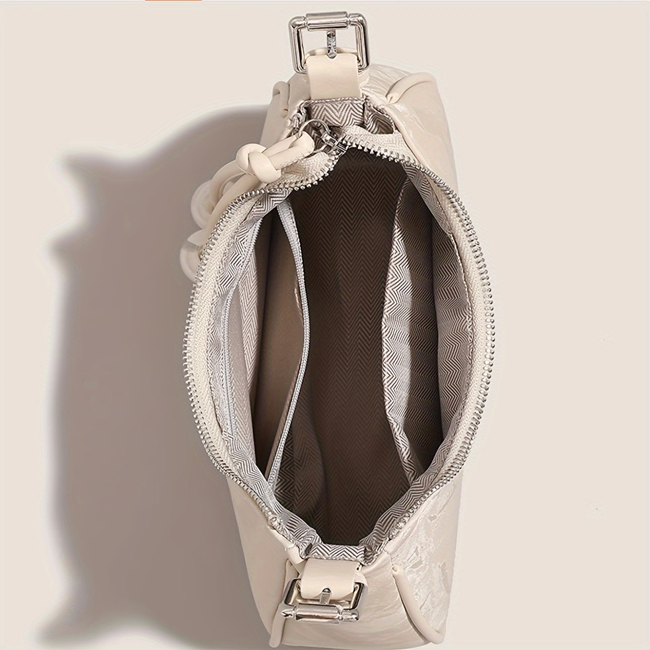 Chic Creamy-White Crescent Moon Crossbody Bag for Women - Adjustable Strap, Zip Closure, Minimalist Design with Pom Pom Charm, Perfect for Spring & Summer