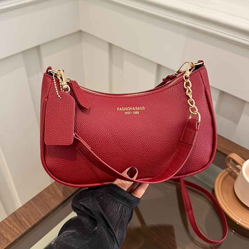 Fashionable And Minimalist Women'S Crescent Shoulder Bag with a Golden-Chain Handle - Featuring a Removable Comfortable Strap, Zipper Closure, Polyester Lining, Perfect for Casual And Everyday Use, Available in Black, White, Brown, And Red