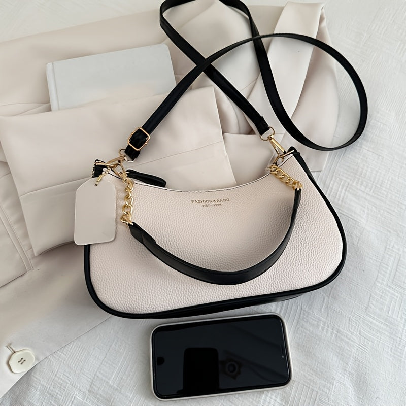 Fashionable And Minimalist Women'S Crescent Shoulder Bag with a Golden-Chain Handle - Featuring a Removable Comfortable Strap, Zipper Closure, Polyester Lining, Perfect for Casual And Everyday Use, Available in Black, White, Brown, And Red