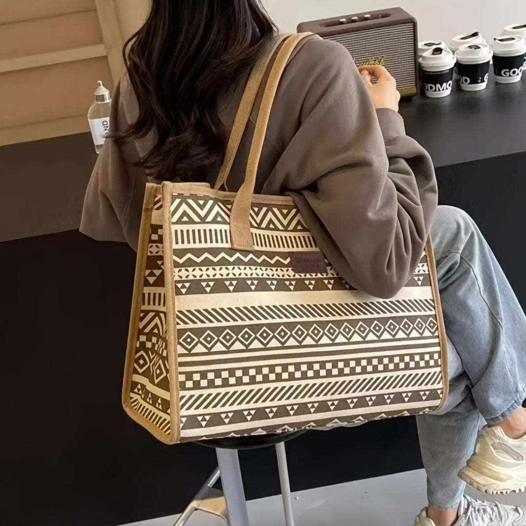 Vintage Ethnic Style Large Capacity Canvas Tote Bag - Fashionable Minimalist Shoulder & Handbag for Work, Commuting, and Everyday Use, Canvas Material, Geometric Pattern, Shoulder Ba