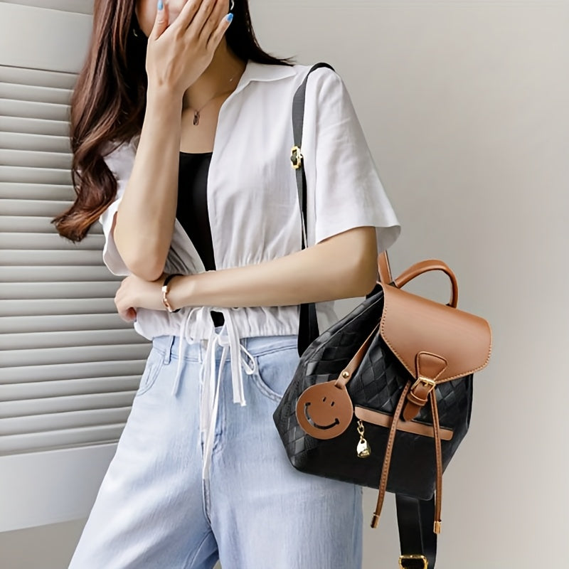 Quilted PU Backpack Coffee Brown & Black Quilted PU Backpack for Women | Adjustable Shoulder Straps, Golden Buckle, and Joyful Face Charm | Perfect for Work, Travel, and Everyday Use