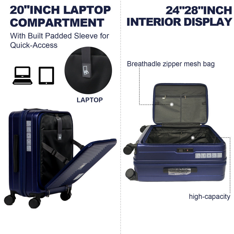 TSA-Approved Lock Hardshell Suitcase with Front Opening Design - Durable ABS+PC Luggage, 360° Spinner Wheels & Telescopic Handle, Blue Travel Suitcase for Business & Vacation