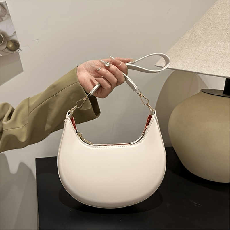 Stylish Retro Half-Moon Women'S Shoulder Bag, Zipper Closure, Fixed Strap, Cream\u002FWhite, Perfect for Daily Commute & Travel, Travel Accessory | Minimalist Design | Bag, Small Crossbody Bag