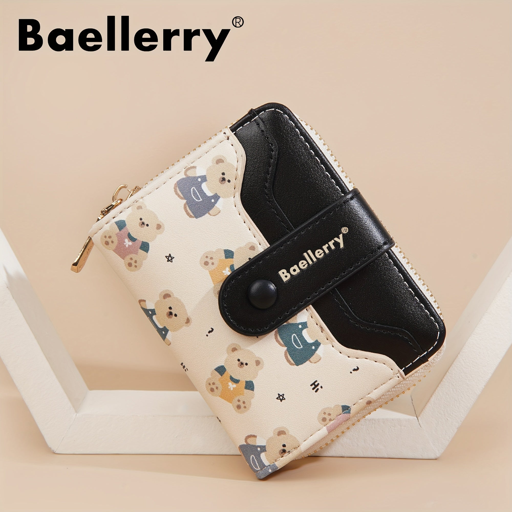 baellerry 1pc Mini Women's Wallet Short Style Bear Cartoon Print Button Credit Card Card Bag Zipper Coin Purse