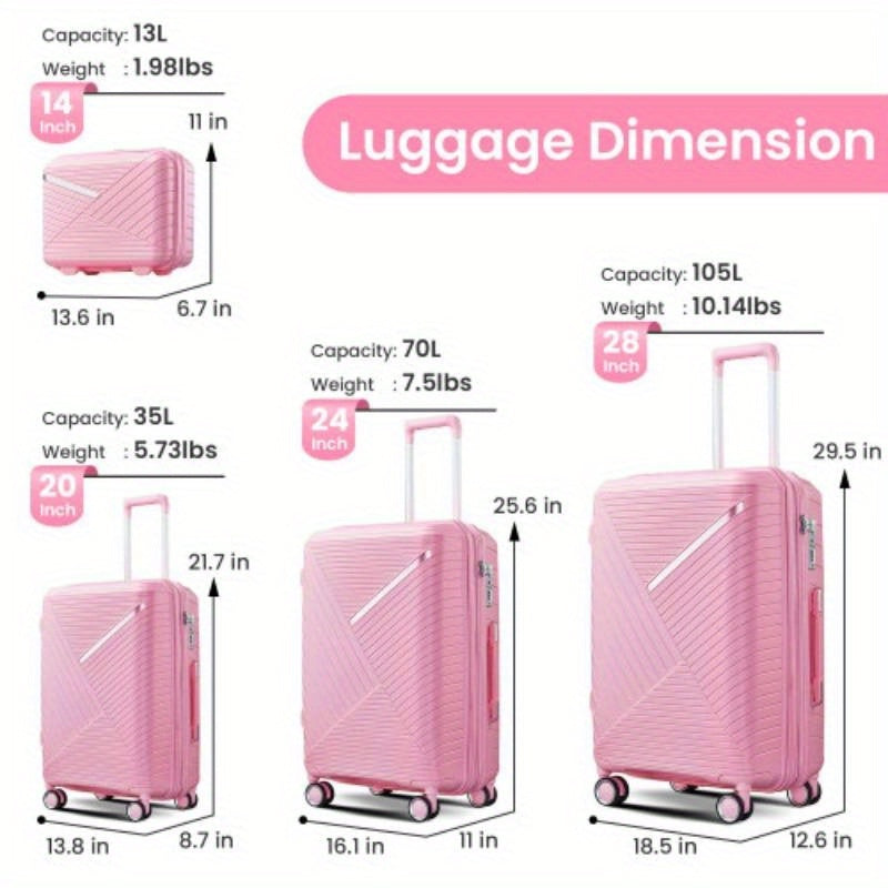 Luggage Sets 4 Pie14202428, Expandable Lightweight Suitcase with 4 Double 360 Degrees Mute Spinner Wheels PP Materials Durable TSA Lock Travel Luggage