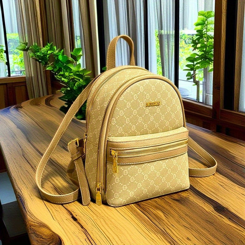 Practical Women'S Backpack: Beige with Iconic Print, Multiple Pockets, Perfect for Daily Use And Travel.