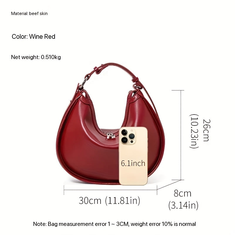 2025 New Genuine Leather Women's Crescent Moon Handbag - Large Capacity Adjustable Shoulder Strap, Zipper Closure, Wine Red with Metallic Accents, Light Luxury Elegant Handbag for Work & Casual Outings, Sophisticated Handbag, Metallic Zipper Closure