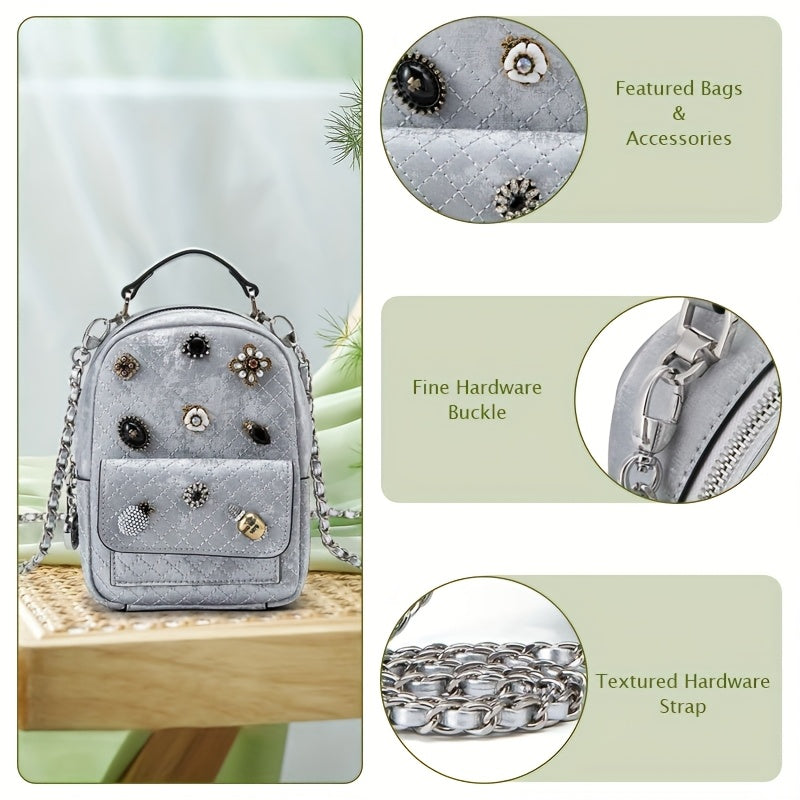 Genuine Leather Women'S Backpack - Soft, Versatile Streetwear Bag with Zipper Closure, Polyester Lining, and Decorative Studs, White or Light Gray, Perfect for Casual Outings, Casual Outing Backpack | Trendy Backpack | Genuine Leather Bag