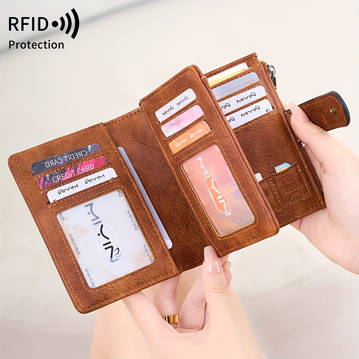 RFID Anti-Theft Wallet Multi-Carat RFID Anti-Theft Wallet - Retro Short Wallet, Solid Color Bifold Coin Purse, Women's Credit Card Holder
