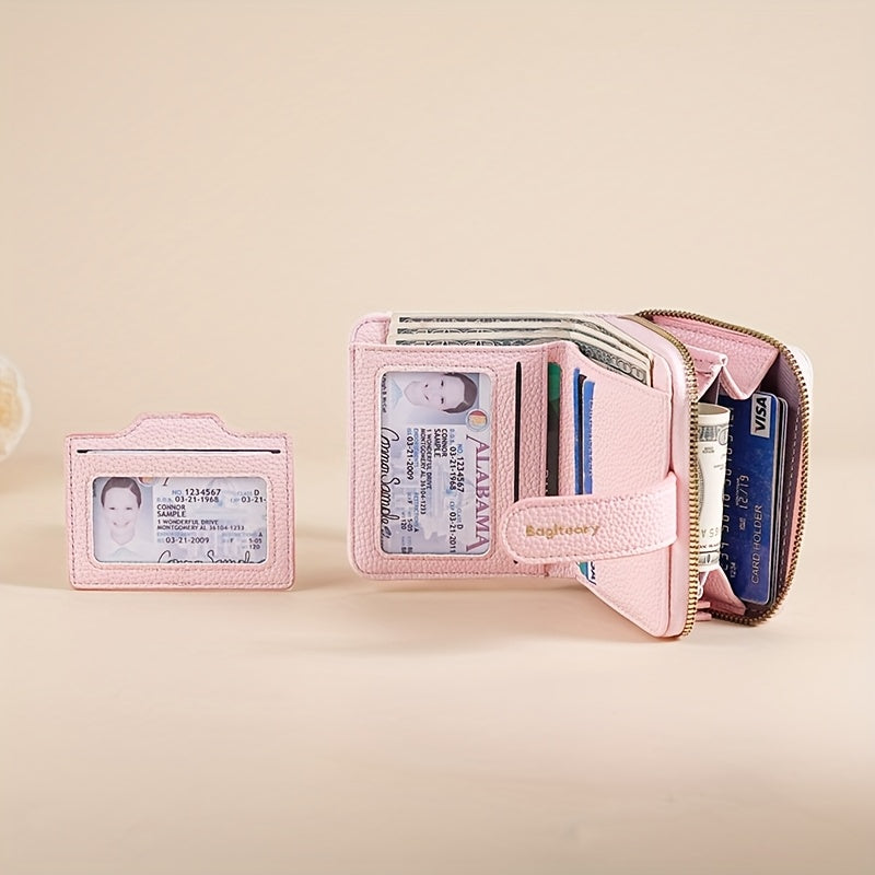 New Style Solid Color Wallet with Lychee Texture, Multiple Card Slots, Small Women'S Bag, Thickened Korean Version, Fashionable And Compact Coin Purse for Women.