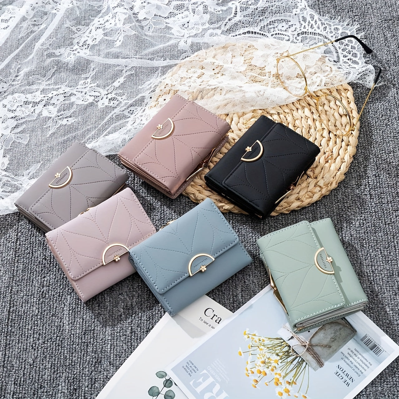 Mint Green Wallet Compact Trifold Mint Green Women's Wallet | Golden-Toned Clasp, Zippered Coin Purse, Floral Print, Multi-Function Card Holder